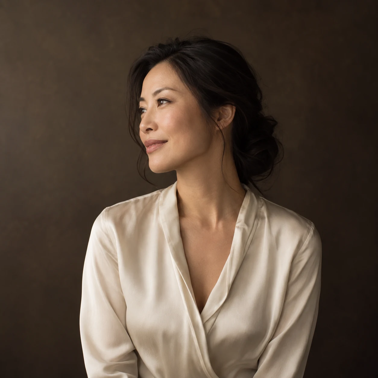 Editorial near-profile portrait of a woman with loosely gathered dark hair against an espresso backdrop