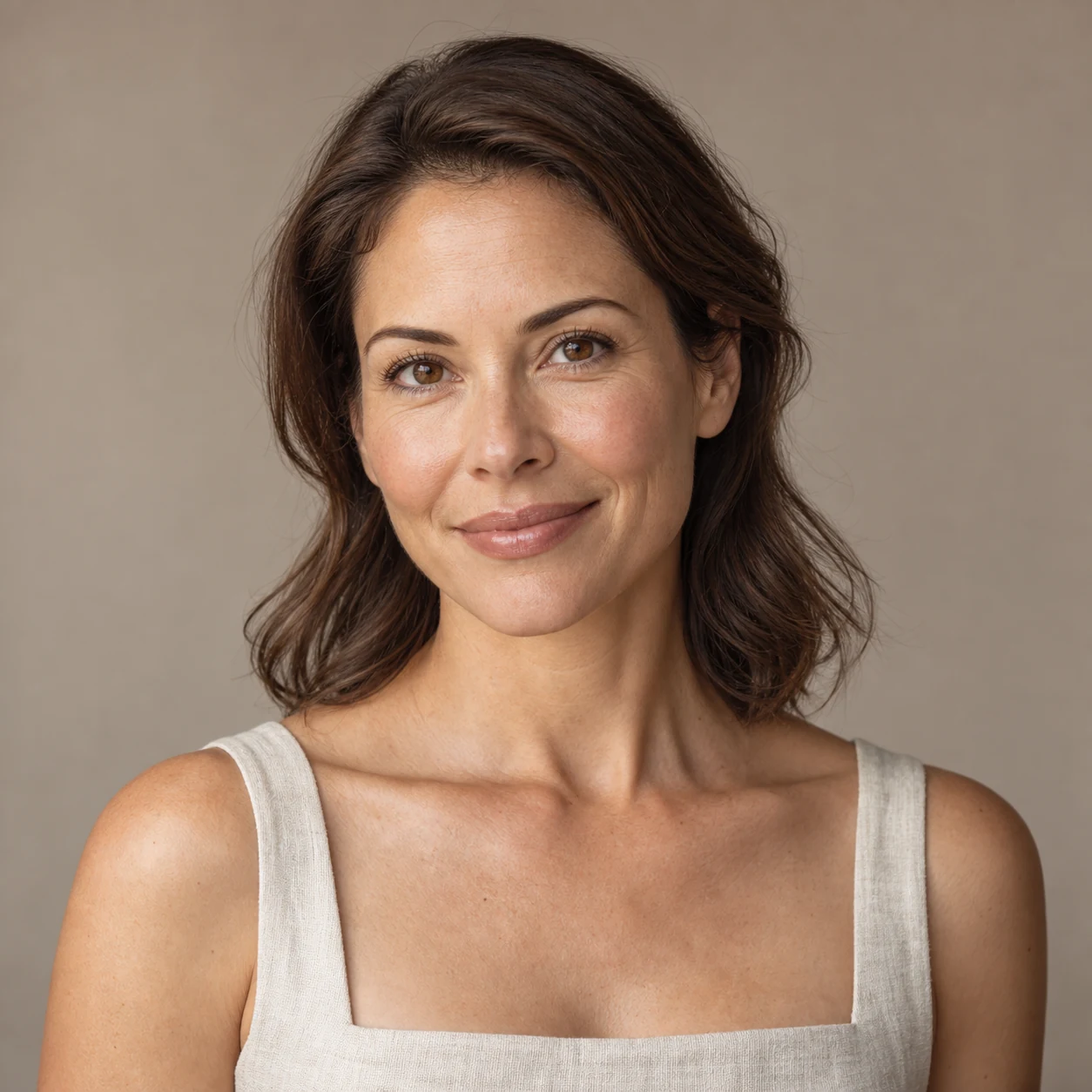 Editorial portrait of a woman with chestnut hair and a relaxed smile