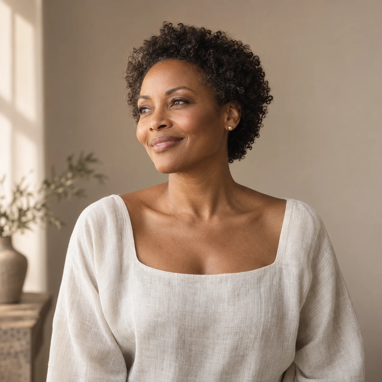 Editorial portrait of a woman with short natural curls in soft window light